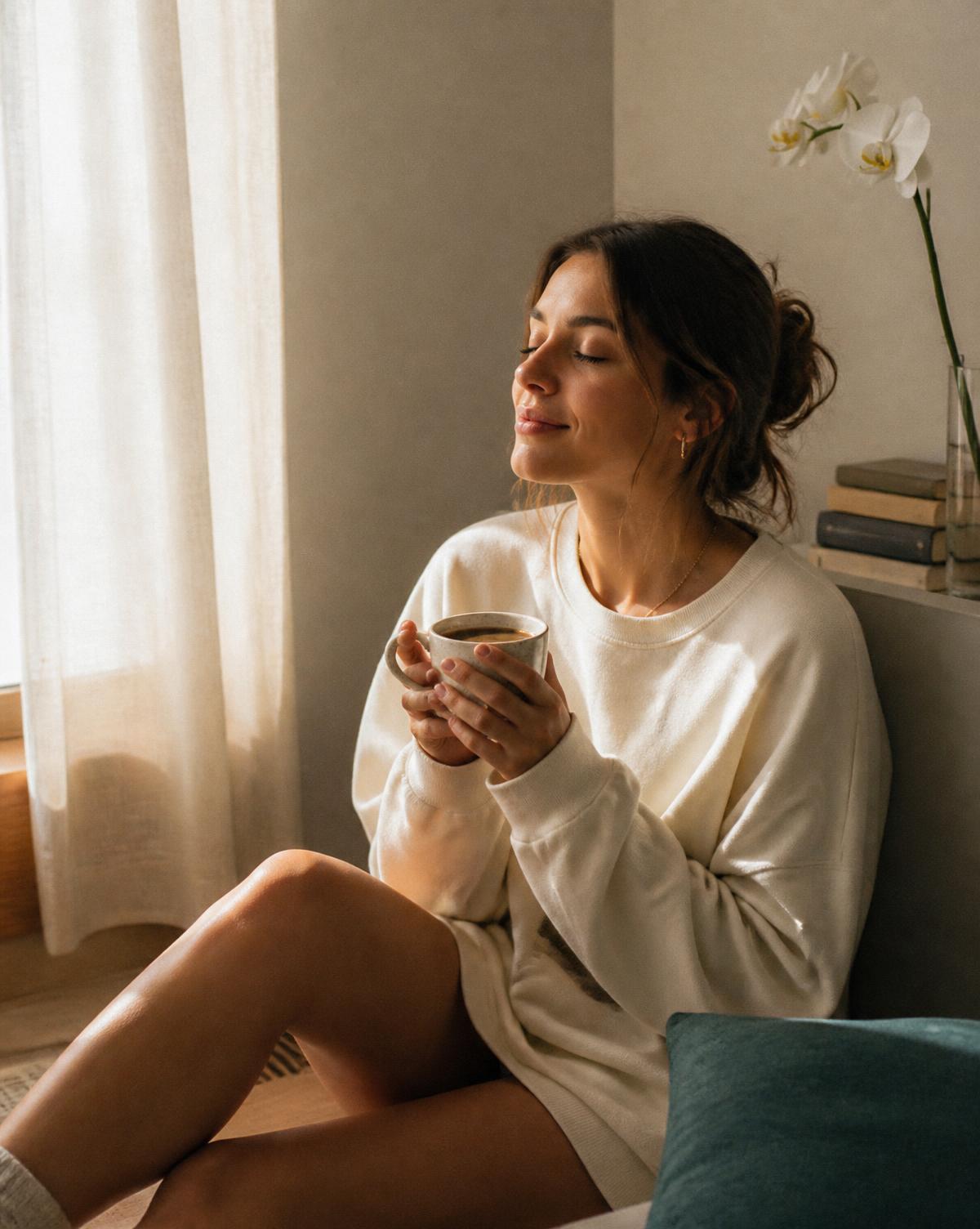 Living room with afternoon light, a cup of coffee, and a sweatshirt on the chair
